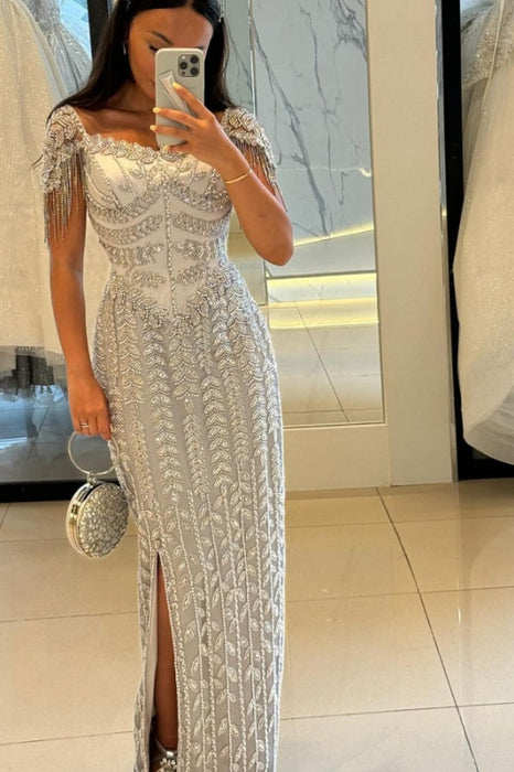 Stunning Short Sleeves Side Split Evening Dress with Beadings