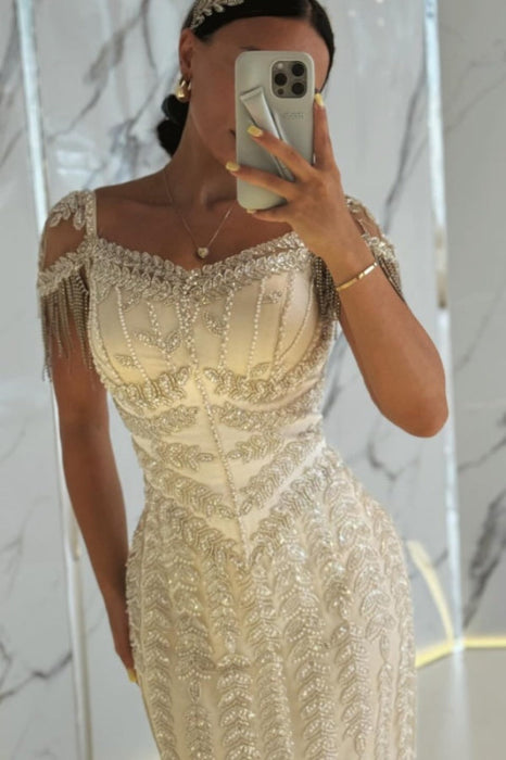 Stunning Short Sleeves Side Split Evening Dress with Beadings