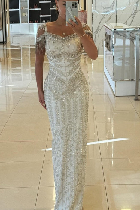 Short Sleeves Side Split Evening Dress with Beadings-Bridelily Short Sleeves Side Split Evening Dress with Beadings-Bridelily