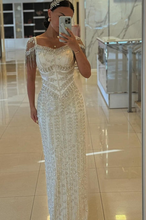 Stunning Short Sleeves Side Split Evening Dress with Beadings