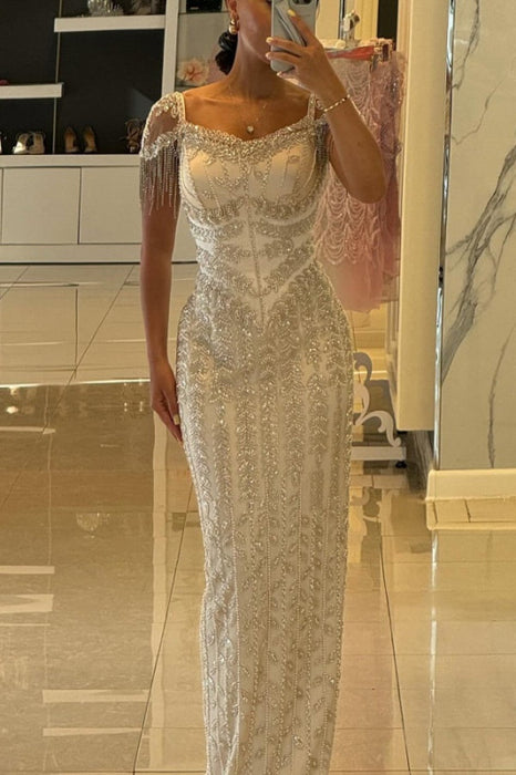 Stunning Short Sleeves Side Split Evening Dress with Beadings