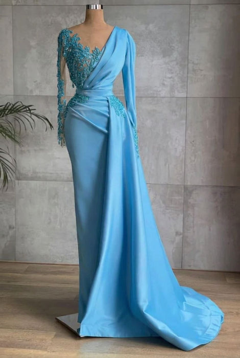 Sky Blue Stunning One Shoulder Mermaid Evening Gown with Side Cape - Prom Dresses