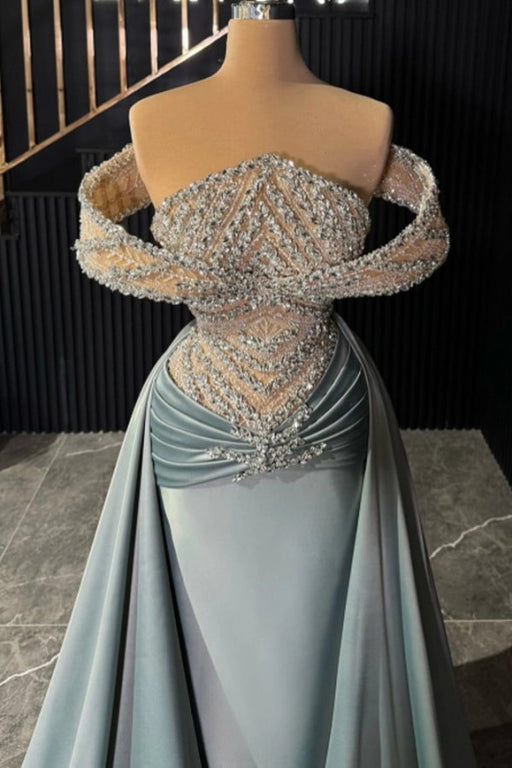 Stunning Sleveless Glitter Satin Evening Dress with Sweep Train