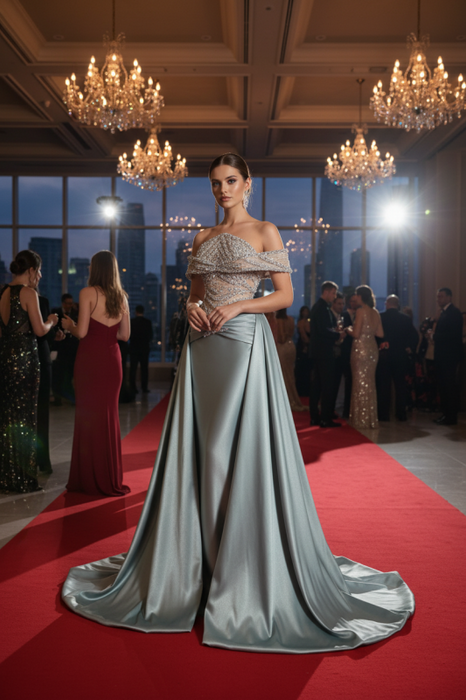 Stunning Sleveless Glitter Satin Evening Dress with Sweep Train