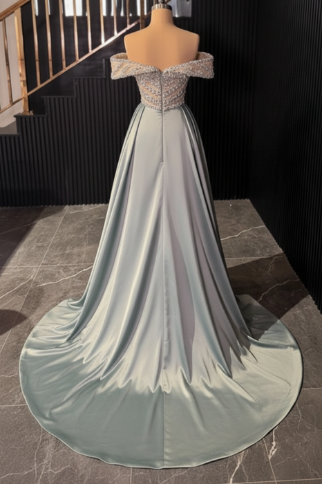 Stunning Sleveless Glitter Satin Evening Dress with Sweep Train