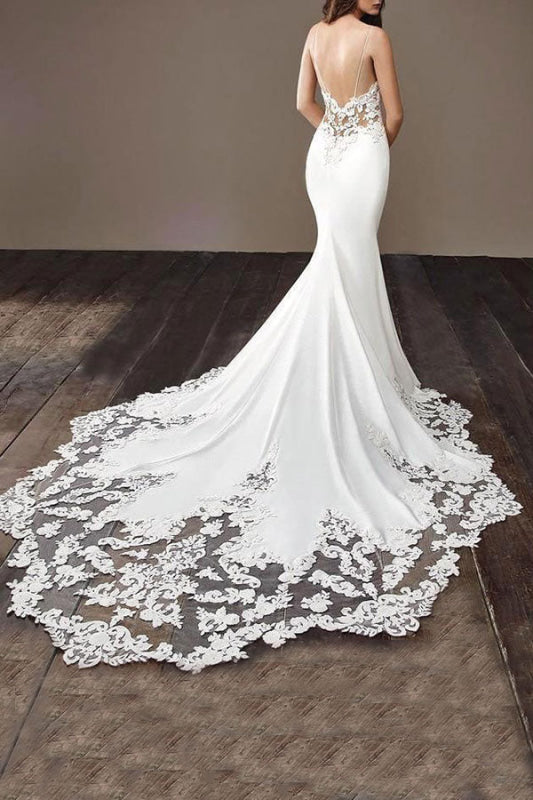 Simple Elegant Mermaid Spaghetti Straps Satin Chiffon Long Wedding Dresses C4404 main image 1
