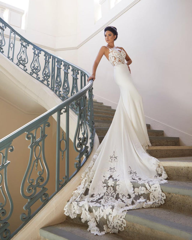Simple Elegant Mermaid Spaghetti Straps Satin Chiffon Long Wedding Dresses main image 0