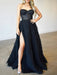 Stunning Strapless Ruffle Layered Blue/Black Lace Long Prom Dresses with High Slit, Blue/Black Lace Tulle Formal Evening Dresses 