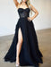 Stunning Strapless Ruffle Layered Blue/Black Lace Long Prom Dresses with High Slit, Blue/Black Lace Tulle Formal Evening Dresses 
