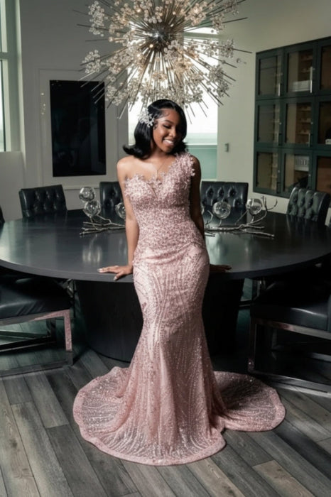 Stunning Strapless Sequins Prom Dress with Beadings Blush Pink