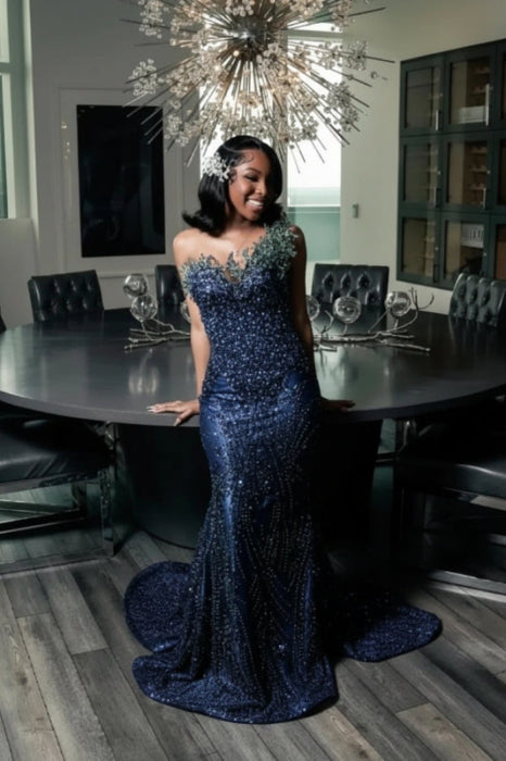 Stunning Strapless Sequins Prom Dress with Beadings Ink Blue