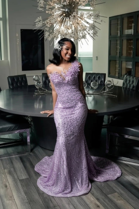 Stunning Strapless Sequins Prom Dress with Beadings Lavender