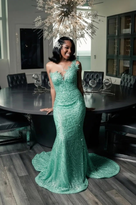 Stunning Strapless Sequins Prom Dress with Beadings Mint