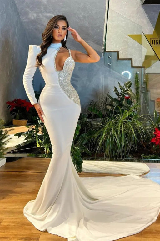 Stunning White One Shoulder Prom Dress Cut Out Mermaid