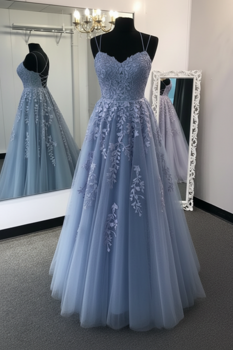 Stylish Backless Dusty Blue Lace Long Prom Dresses Lace Formal Dresses