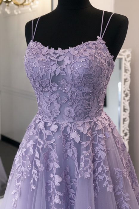 Stylish Backless Purple Lace Long Prom Dresses Lace Formal Dresses