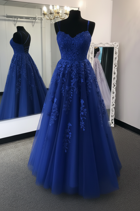 Stylish Backless Royal Blue  Lace Long Prom Dresses Lace Formal Dresses