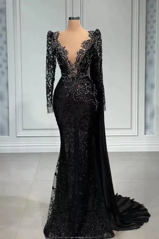 Stylish Black A line Mermaid Evening Dress Deep V Neck Beadings