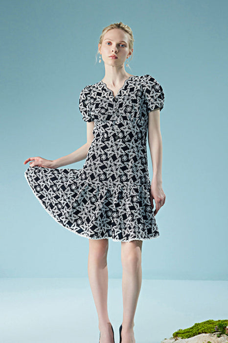 Stylish Bubble Sleeves Black Party Dress Floral Lace Dress - Dresses