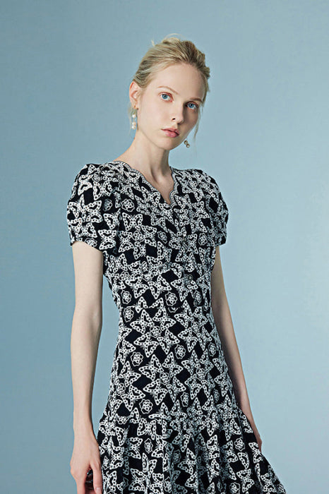 Stylish Bubble Sleeves Black Party Dress Floral Lace Dress - Dresses