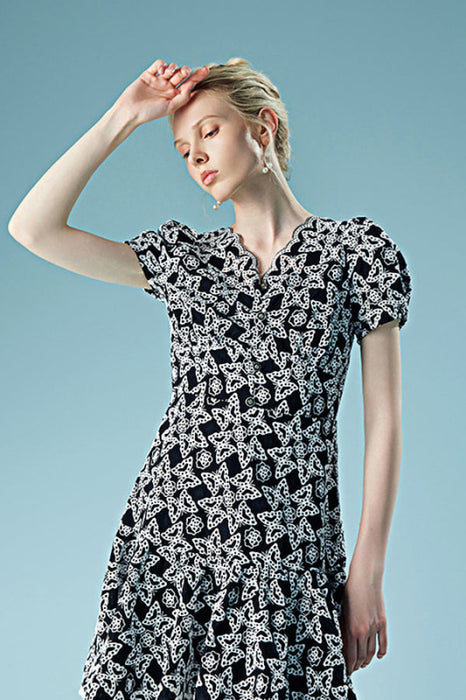 Stylish Bubble Sleeves Black Party Dress Floral Lace Dress - Dresses