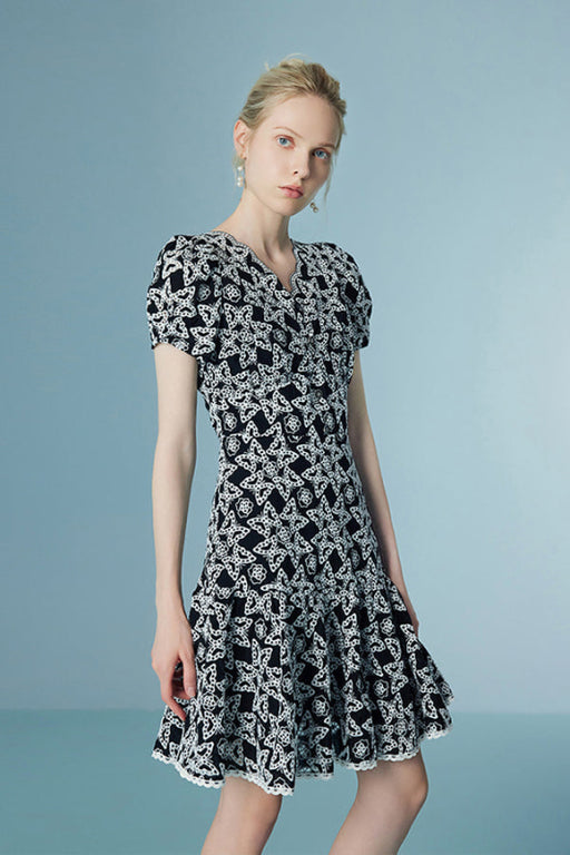 Stylish Bubble Sleeves Black Party Dress Floral Lace Dress - Dresses