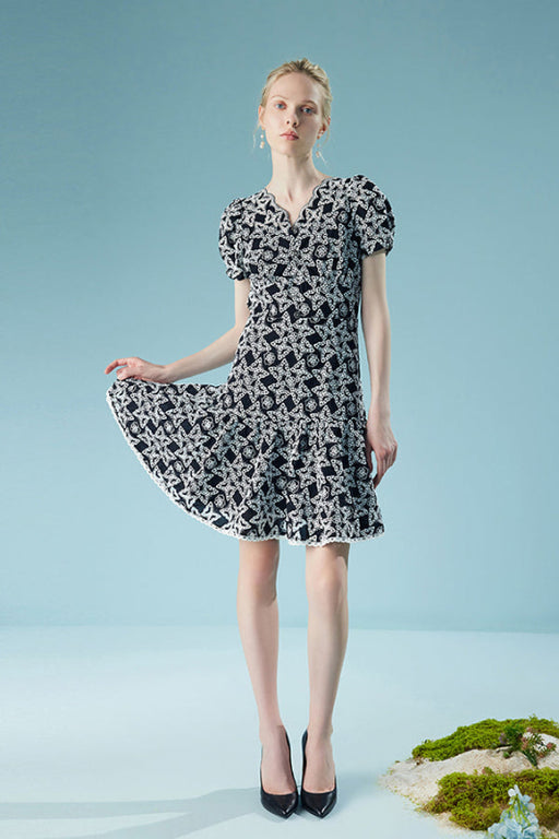 Stylish Bubble Sleeves Black Party Dress Floral Lace Dress - Black / S - Dresses