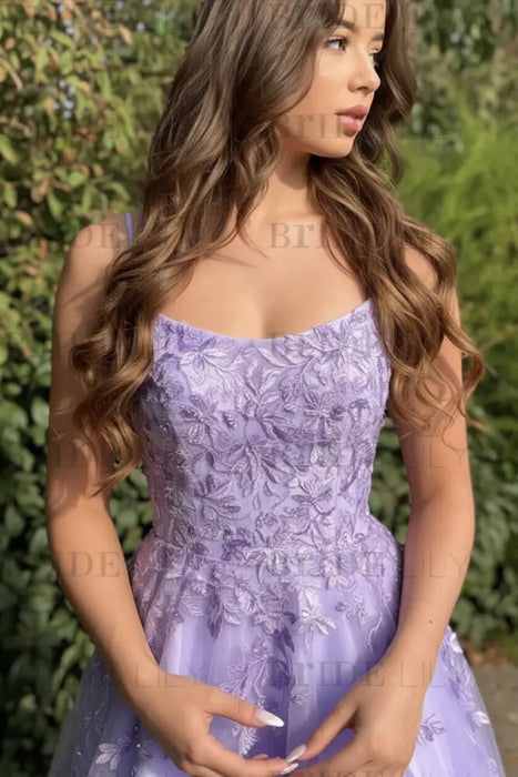 Stylish Purple Lace Long Prom Dresses, Purple Formal Evening Dresses Aline
