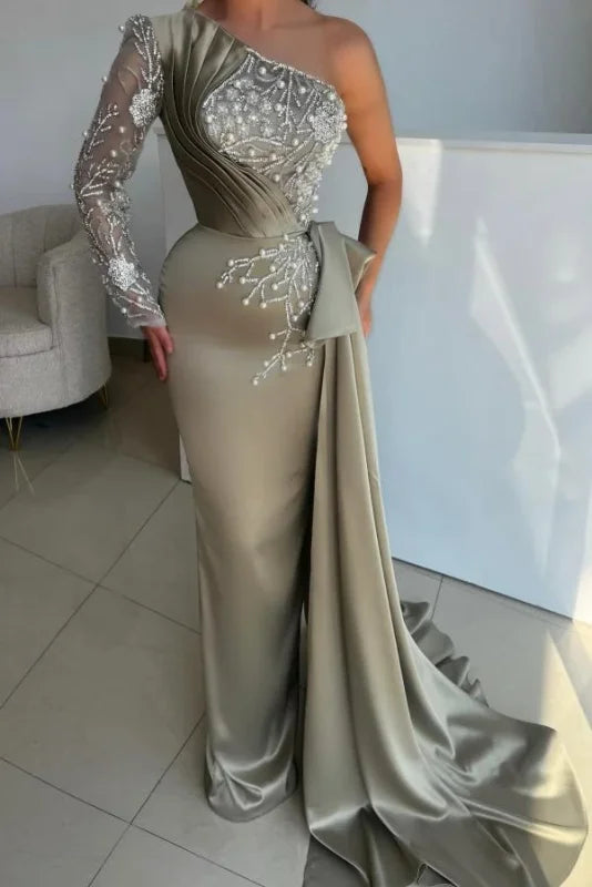 Charming Long One Shoulder Beading Long Sleeve Split Prom Dress With Train main image 1