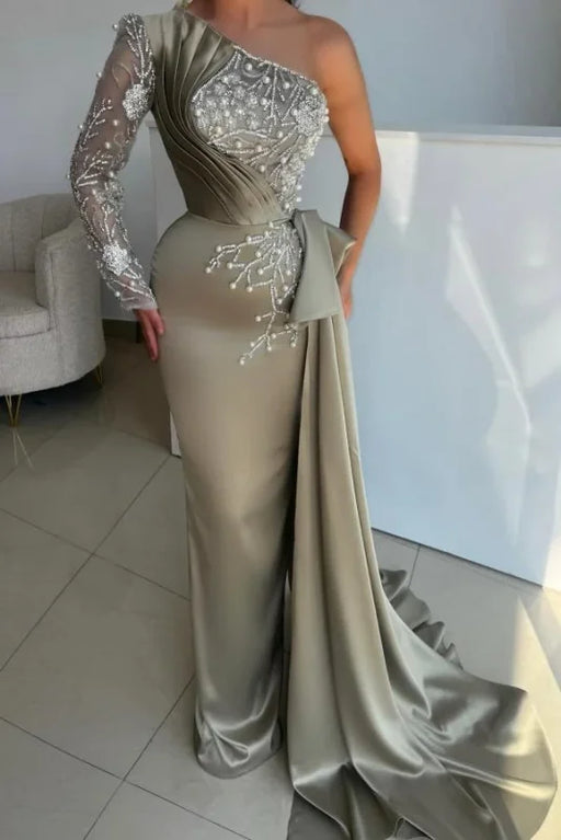 Stylish One Shoulder Beaded Long Sleeves Ruched Satin Prom Dress with Train