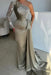 Stylish One Shoulder Beaded Long Sleeves Ruched Satin Prom Dress with Train