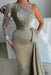 Stylish One Shoulder Beaded Long Sleeves Ruched Satin Prom Dress with Train