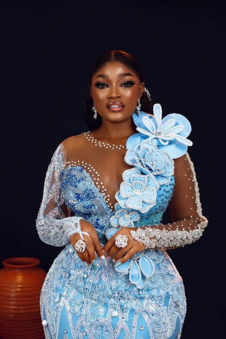 Stylish One-Shoulder Deep V-Neck Mermaid Prom Dress with Appliques