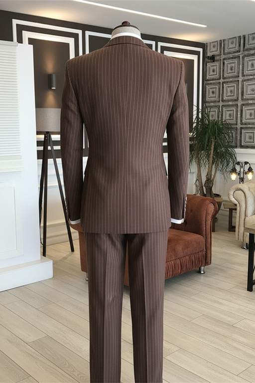 Stylish Coffee Peaked Lapel Double Breasted Striped Business Suits