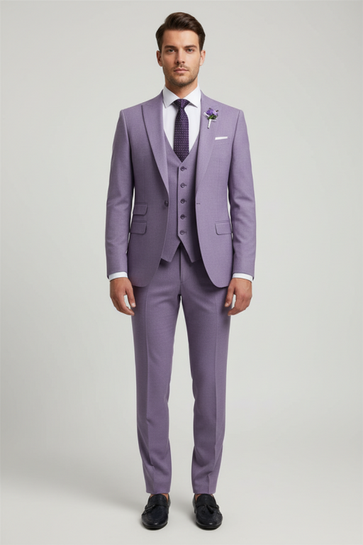 Stylish Purple Peaked Lapel Three Pieces Prom Suits