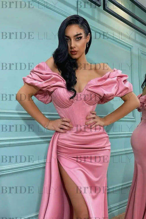 Rose Petal Pink Mermaid Prom Gown with Off-the-Shoulder Design and Stylish Split Hem