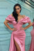 Rose Petal Pink Mermaid Prom Gown with Off-the-Shoulder Design and Stylish Split Hem