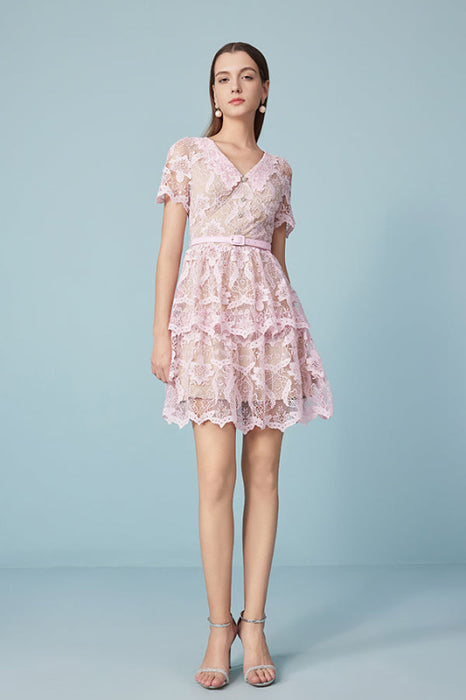 Stylish Short Sleeves V-Neck Pink Short Lace Dress Aline Knee Length Daily Wear Dress - Dresses