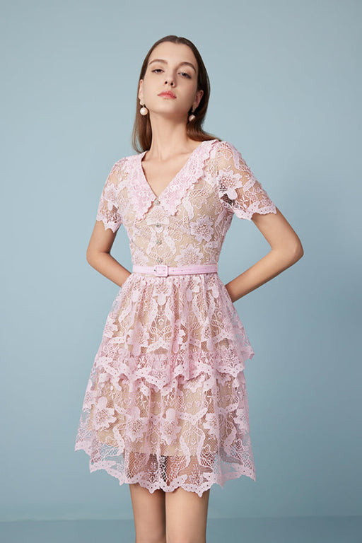 Stylish Short Sleeves V-Neck Pink Short Lace Dress Aline Knee Length Daily Wear Dress - Pink / S - Dresses