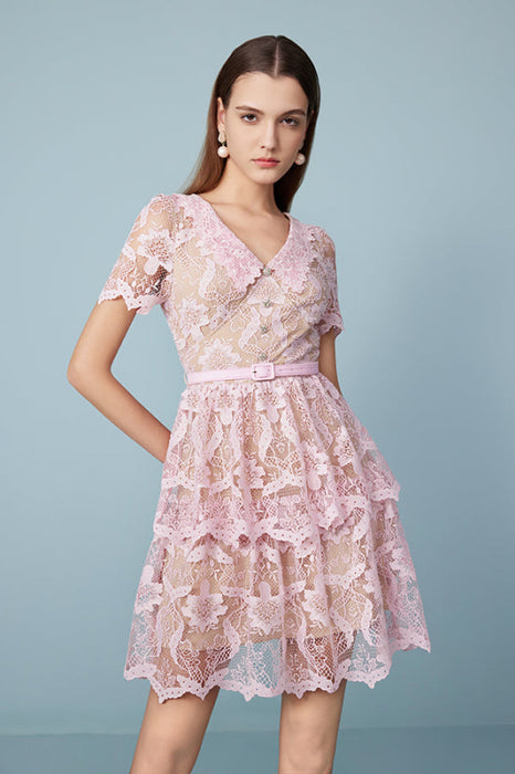 Stylish Short Sleeves V-Neck Pink Short Lace Dress Aline Knee Length Daily Wear Dress - Dresses