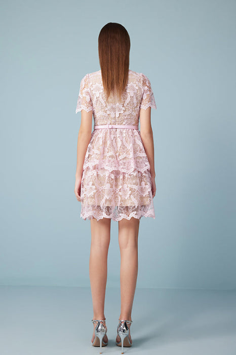 Stylish Short Sleeves V-Neck Pink Short Lace Dress Aline Knee Length Daily Wear Dress - Dresses