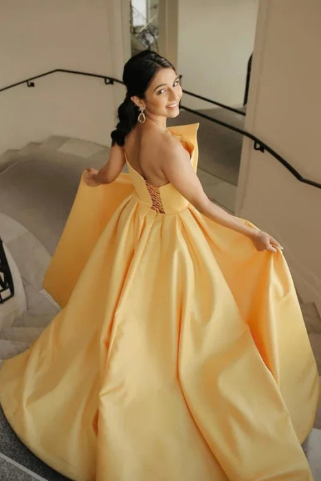 Stylish Strapless Satin Ruched A Line Prom Dresses with Slit