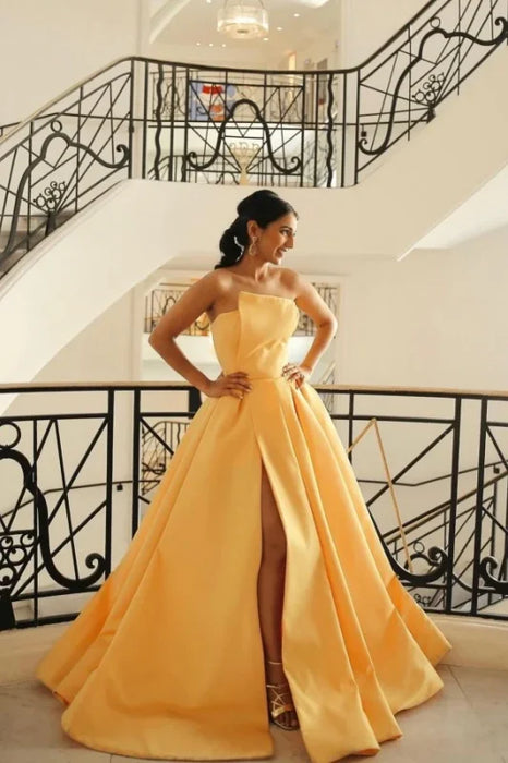 Stylish Strapless Satin Ruched A Line Prom Dresses with Slit