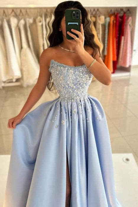 Stylish Strapless Satin Ruched Sequins A-Line Prom Dresses