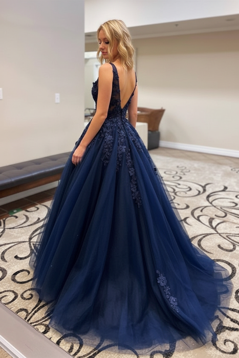 Stylish V Neck Beaded Navy Blue Lace Prom Dresses