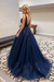 Stylish V Neck Beaded Navy Blue Lace Prom Dresses