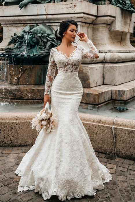 Stylish White Floral Lace Mermaid Bridal Dresses Long Sleeves V-Neck Spring Wedding Dress - Wedding Dresses