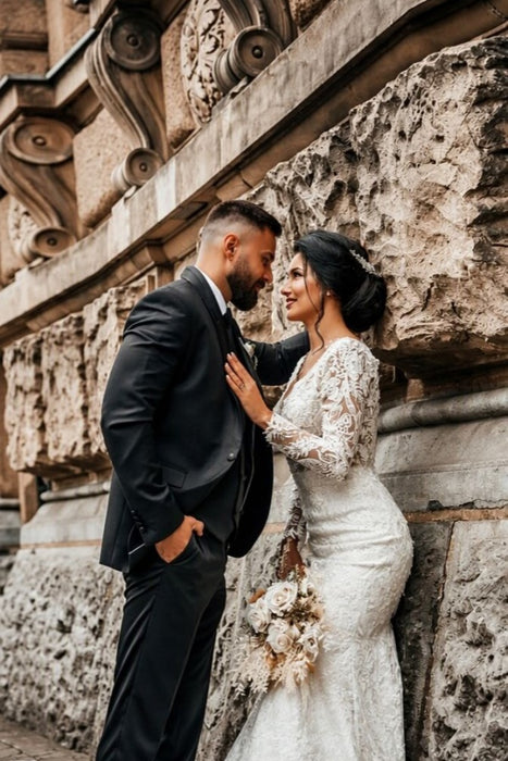 Stylish White Floral Lace Mermaid Bridal Dresses Long Sleeves V-Neck Spring Wedding Dress - Wedding Dresses