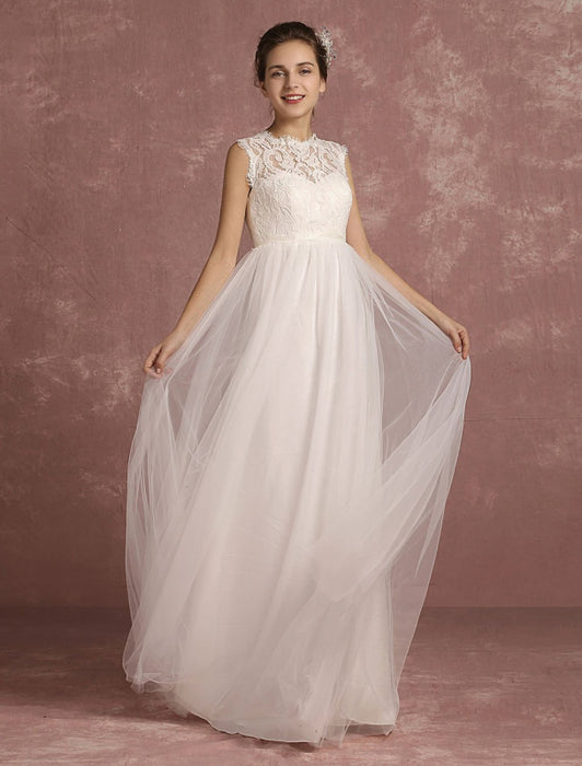 Summer Wedding Dresses 2021 Lace Empire Waist Bridal Gown Illusion Sleeveless Round Neck A Line Floor Length Bridal Dress