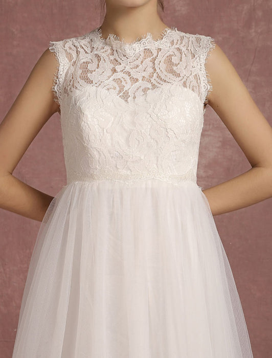 Summer Wedding Dresses 2021 Lace Empire Waist Bridal Gown Illusion Sleeveless Round Neck A Line Floor Length Bridal Dress